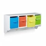 Relaxdays Kinder Wandregal MDF Wei&szlig; mit Kleiderhaken und 4 Boxen 61 cm x 16 cm x 28