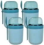 Relaxdays M&uuml;slibecher Kunststoff Blau Auslaufsicher mit L&ouml;ffel 4er Set 16 cm x 11