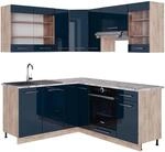 Vicco Fame-Line Eckk&uuml;che Dunkelblau Hochglanz/Goldkraft Eiche 160 x 190 cm AP...
