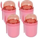 Relaxdays M&uuml;slibecher Kunststoff Pink Auslaufsicher mit L&ouml;ffel 4er Set 16 cm x 11