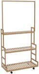 MCW Bambus Standgarderobe Q33 Stange 3 Ablagen Rollen 175x93x38cm Natur