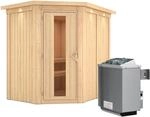 Karibu Sauna-Set Cleo inkl. Ofen 9 kW mit integr. Steuerung, Dachkranz