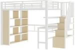 okwish Metall Hochbett 140x200cm mit Schreibtisch und LED Lichtleiste Wei&szlig; ohne