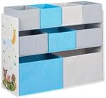 Relaxdays Kinderregal Spanplatte Metall Polyester Bunt mit Motiv und 9 Boxen 66 cm x