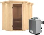 Karibu Sauna Cleo inkl. Ofen 9 kW mit integr. Steuerung, Dachkranz, T&uuml;r Graphit