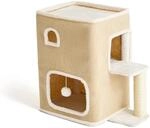 Relaxdays Katzenhaus MDF Polyester Sisal Beige 2-Etagen mit Spielball...
