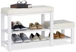 Relaxdays Schuhbank mit Hocker Kunstleder Metall MDF Wei&szlig; 2 Ebenen 90,5 cm x 50 cm x