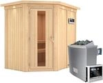 Karibu Sauna-Set Cleo inkl. Ofen 9 kW mit ext. Steuerung, Dachkranz