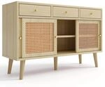 okwish Sideboard mit 3 Schubladen 3 Schiebet&uuml;ren Rattan Wohnzimmer 120x78x40cm Natur