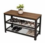 Relaxdays Schuhbank Stahl Schwarz Braun mit 2 Schuhablagen 45 cm x 73 cm x 30 cm