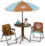 Relaxdays Kindersitzgruppe Eisen Kunststoff Polyester mit Schirm B&auml;r 53 cm x 36 cm x