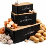 BigDean Kartoffel Aufbewahrungsbox 3er Set Metall Bambusdeckel Bel&uuml;ftet...