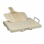 Relaxdays Pizzastein Set Cordierit mit Pizzaheber und Metallhalter 38 cm x 30 cm x 3
