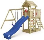 Wickey Spielturm Kletterger&uuml;st MultiFlyer Holzdach mit Schaukel & Rutsche in blau