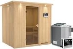 Karibu Sauna-Set Stina inkl. Bio-Ofen 9 kW mit ext. Steuerung, Dachkranz