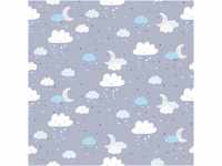 Bricoflor Wolken Tapete in Grau und Hellblau Babyzimmer Vliestapete mit Sternen Mond