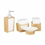 Relaxdays Badezimmer Set Keramik Bambus Wei&szlig; Vierteilig 20 cm x 8,5 cm x 5,5 cm