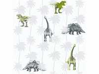 Bricoflor Dinosaurier Tapete in Grün und Grau Waschbeständige Jungentapete mit