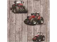 Bricoflor Traktor Tapete in Holzoptik Kinderzimmer Tapete mit Fahrzeugen Ideal für