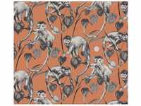 Bricoflor Affen Tapete Orange Grau Tropische Vliestapete mit Affe und Palmen in
