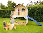 Axi Marc Spielhaus Braun - Wei&szlig; mit Blauer Rutsche 212 x 432 x 293 cm
