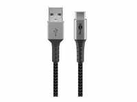 USB 2.0 Kabel, USB-A Stecker > USB-C Stecker - grau/silber, 1 Meter, Textilkabel mit