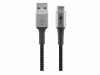 USB 2.0 Kabel, USB-A Stecker > USB-C Stecker - grau/silber, 2 Meter, Textilkabel mit