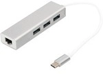 USB 3.2 Gen 1 Multiport-Hub, USB-C Stecker > 3x USB-A Buchse + RJ-45 Buchse, USB-Hub