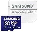 Samsung PRO Plus 128 GB microSDXC-Speicherkarte (180 MB/s, Class U3, V30, A2)