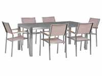 Gartenmöbel Set Beige Grau Granit Edelstahl Tisch 180 cm Poliert 6 Stühle...