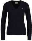GANT Damen Cabel-Strickpullover - STRETCH COTTON CABLE V-NECK, Zopfstrick, blau, S