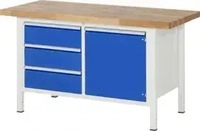 Rau Werkbank Classic B1500xT900xH840mm, Buche massiv grau/blau 3 Schubl.1 T&uuml;r
