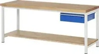 Rau Werkbank Classic B2000xT900xH840mm, Buche massiv lichtgrau enzianblau 1Schubl.1BD