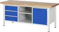 Rau Werkbank Classic B2000xT700xH840mm, Buche massiv grau/blau 3 Schubl. 1T&uuml;r