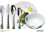 WMF Kinderbesteck JANOSCH Set 6 teilig mit Teller und M&uuml;slischale aus Porzellan