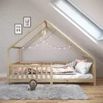 Hausbett CORA 90x200 cm, Natur - Kinderbett mit Rausfallschutz aus Massivholz,
