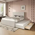 Flieks Polsterbett 140x200cm Doppelbett mit ausziehbarem Unterbett, Massivholzbett