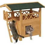 PawHut Katzenhaus mit Asphaltdach, 2-st&ouml;ckig, Katzenh&uuml;tte mit Balkon, Treppe -