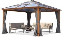 Gartenpavillon 4x4 m Holzoptik, ca 8 mm Polycarbonat-Dach, 4 Seitenteile in grau
