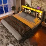 Flieks Polsterbett 140x200cm Doppelbett mit USB und Led, Massivholzbett mit