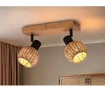 Deckenstrahler innen 2 flammig mit Holz und Lampenschirmen aus Rattan, B: 30cm