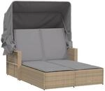 vidaXL Doppel-Sonnenliege mit Dach und Auflagen Beige Poly Rattan