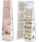 SONGMICS Schmuckschrank mit LED und Spiegel, 3 Ablagen, 360&deg; drehbar, wei&szlig;