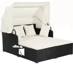 COSTWAY Polyrattan Sonnenliege mit einziehbarem Baldachin, 2-Personen Gartenliege mit