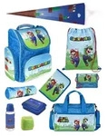 Schulranzen 1. Klasse f&uuml;r Jungen und M&auml;dchen in Blau mit Super Mario Motiv 10tlg.