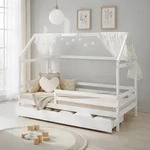 Homestyle4u Kinderbett 90x200 mit Rausfallschutz Hausbett Wei&szlig; Bodenbett Bettkasten