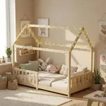 Kinderbett 80x160 mit Rausfallschutz und Lattenrost, Hausbett - Kinderbett...