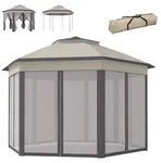 Outsunny Gartenpavillon Faltpavillon mit 6 Seitenteile Doppeldach Kaffee+Beige -