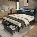 Flieks Polsterbett 140x200cm mit USB und Typ C, Stauraumbett Metallbett mit