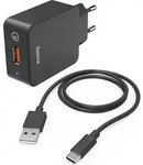 Hama Ladeset, USB-Type-C, 3 A, Ladeger&auml;t QC 3.0 + USB-C-Kabel, 1.5m, Schwarz -